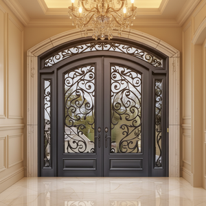 Luxury Design Exterior Entrance Wrought Iron Glass Anti-Theft Security Front Entry Door