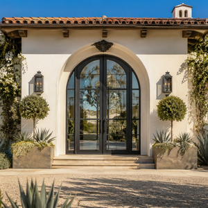 Custom Luxury Matte Black Wrought Iron Arched French Double Entry Door Clear Glass