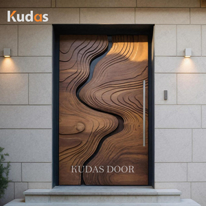 Modern Carved Wooden Front Door Organic Wave Design Handmade Exterior Solid Wood Entry Door