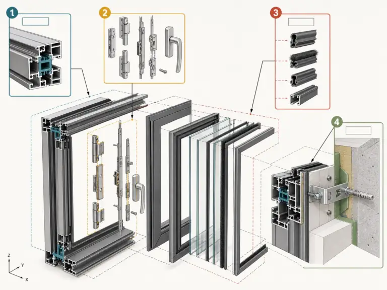 Exploded technical illustration of an aluminium window system