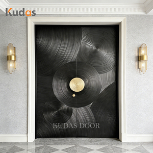 High-End Residential Luxury Artistic 3D Texture Solid Wood Double Entry Door Black Gold Design