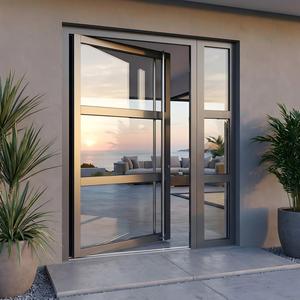 Modern Black Aluminum Pivot Door With Sidelights and Grids Design