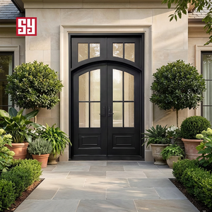 Front Security Door Iron French Double Glazed Thermal Break Construction Matte Black Villa Exterior